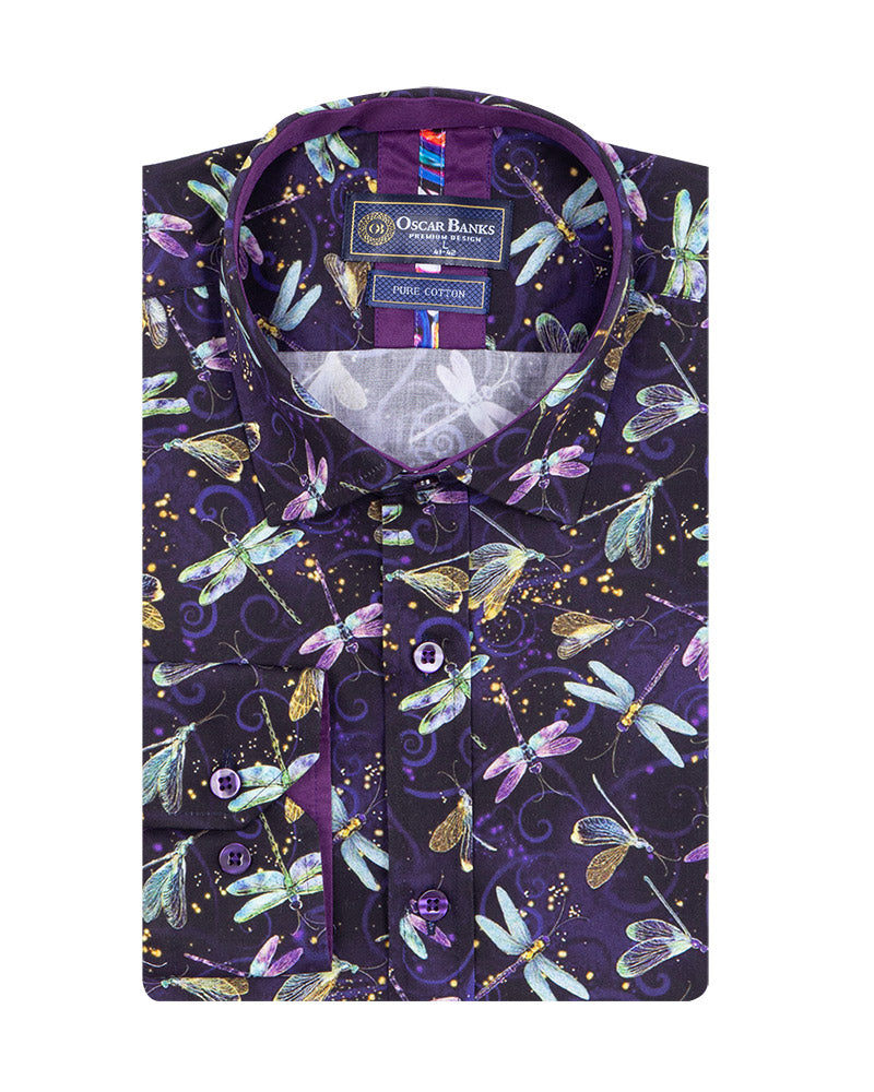 Purple Dragonfly Print Shirt with Matching Handkerchief