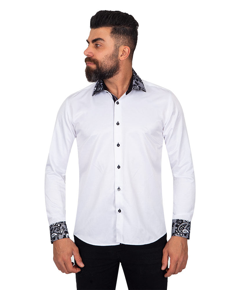 Black Paisley Embroidery Design Collar & Cuff Shirt