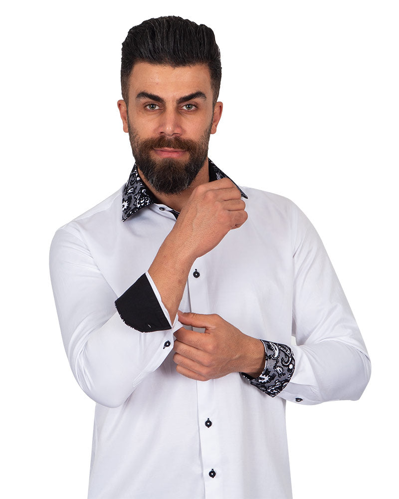 Black Paisley Embroidery Design Collar & Cuff Shirt