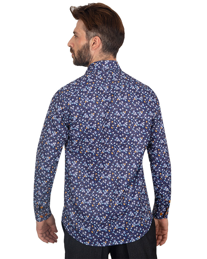 Dark Blue Summer Floral Print Men's Shirt
