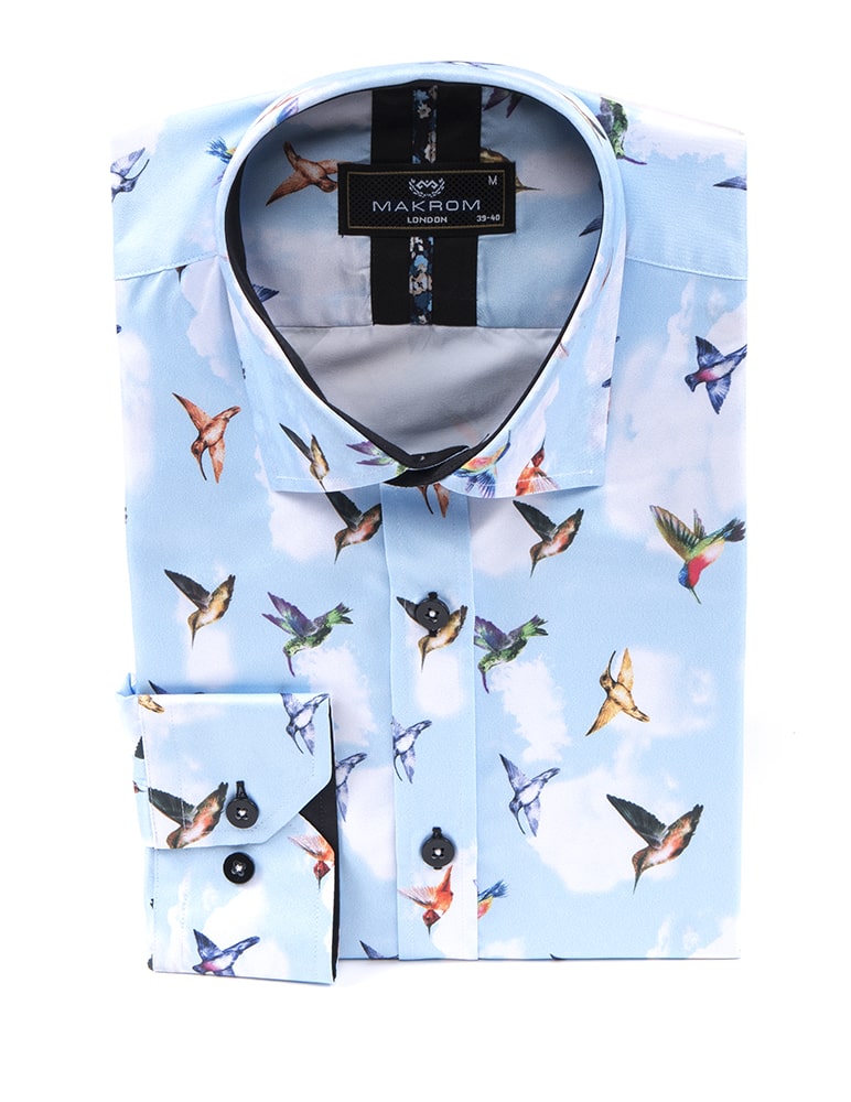 Blue Colourful Mockingbird Print Men's Shirt