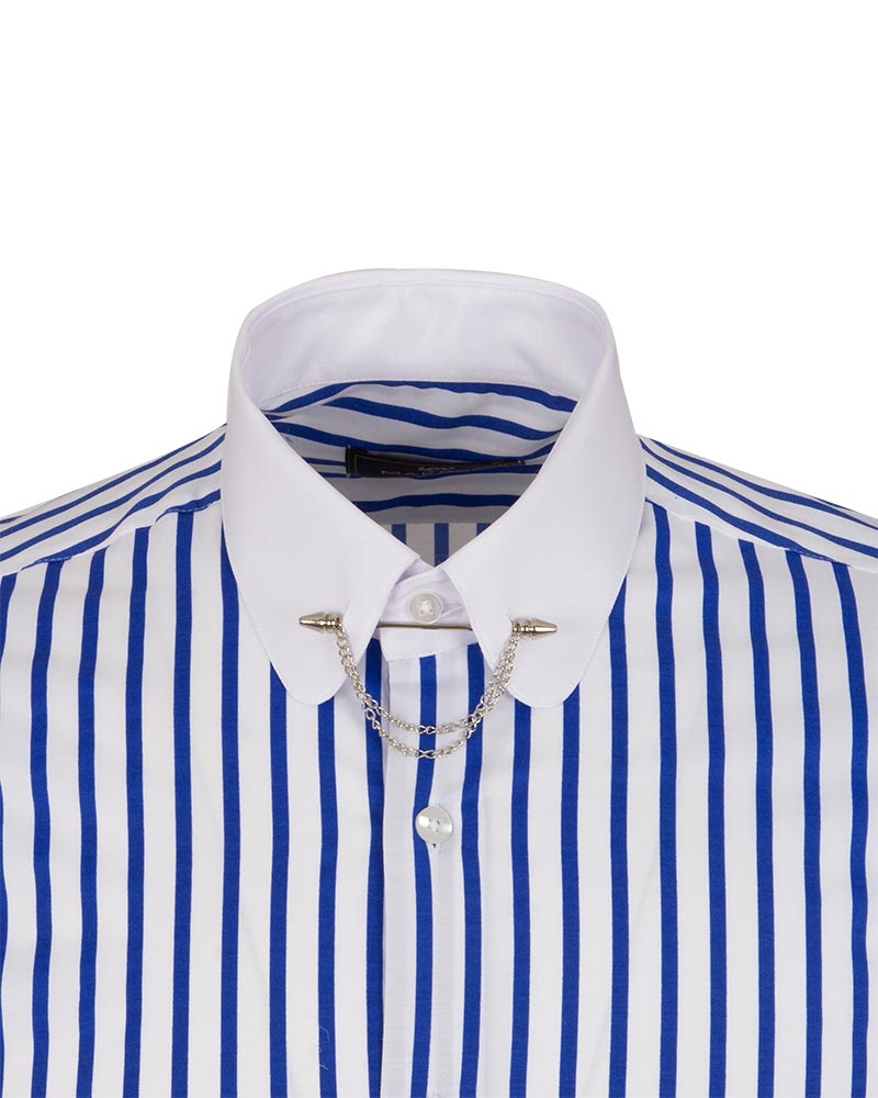 Blue Striped Men's Shirt Club Collar Pin Chain Makrom
