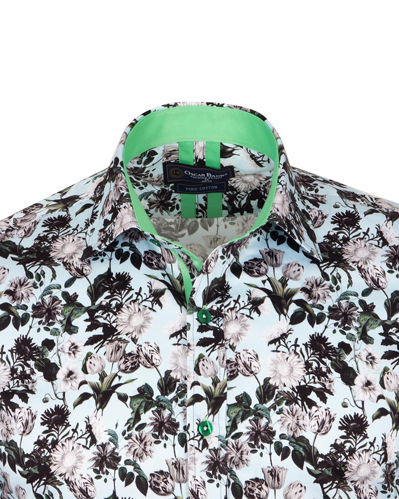Green Floral Print Men's Shirt with Matching Handkerchief