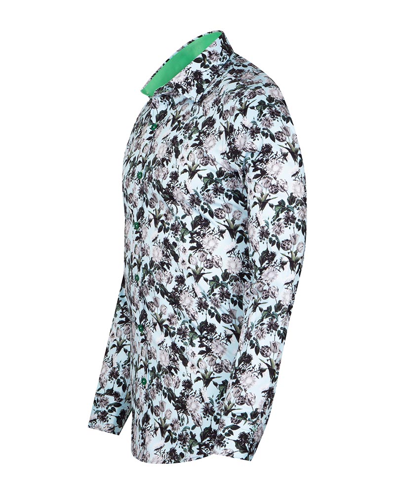 Green Floral Print Men's Shirt with Matching Handkerchief