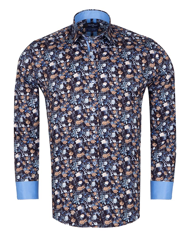 Blue Rose Print Men's Shirt with Matching Handkerchief