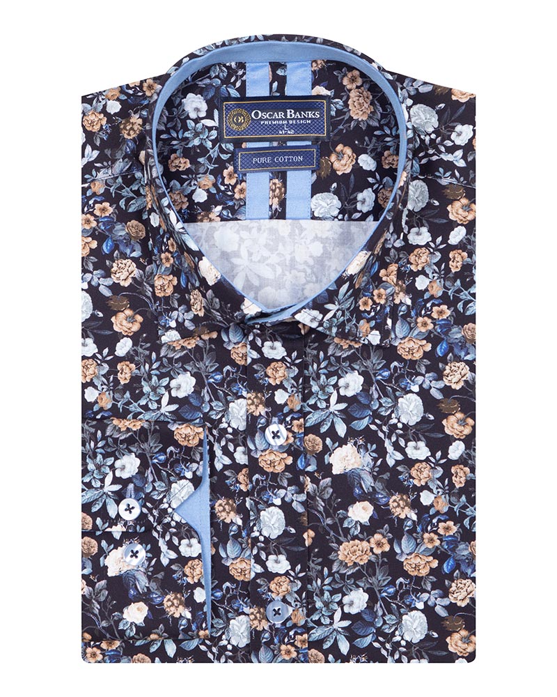 Blue Rose Print Men's Shirt with Matching Handkerchief