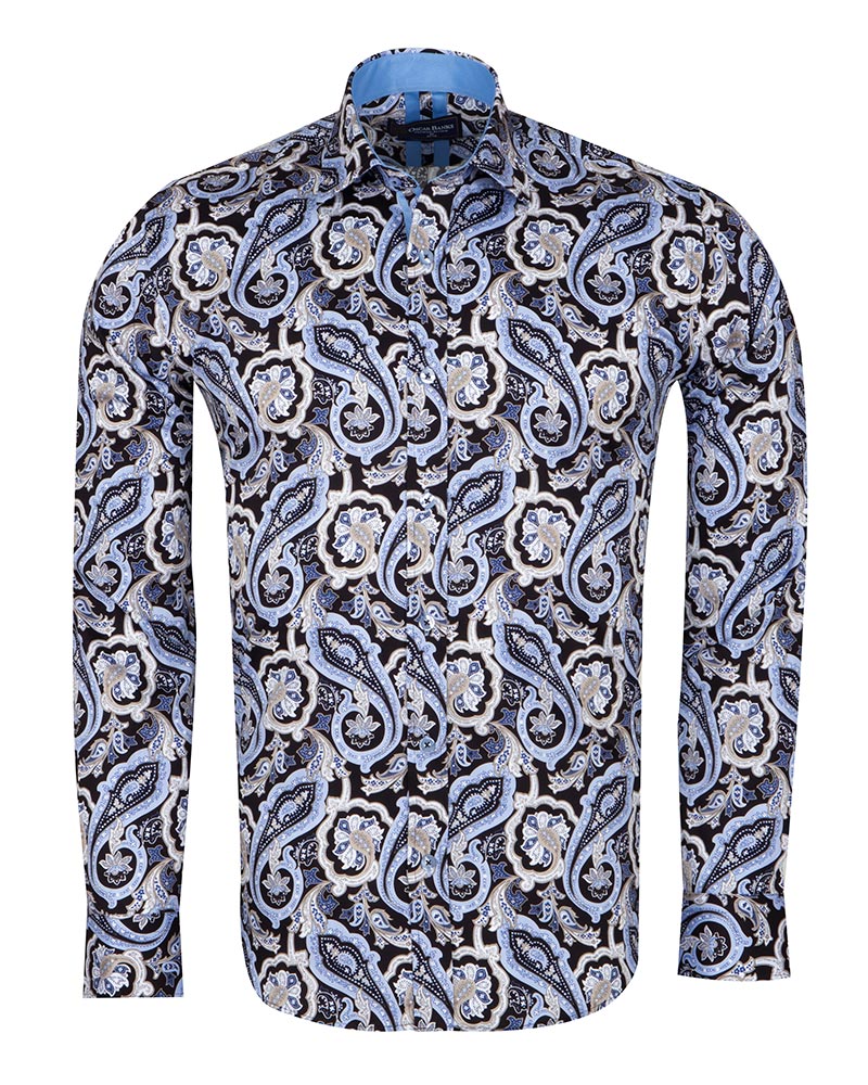 Black & Blue Paisley Print Men's Shirt with Matching Handkerchief