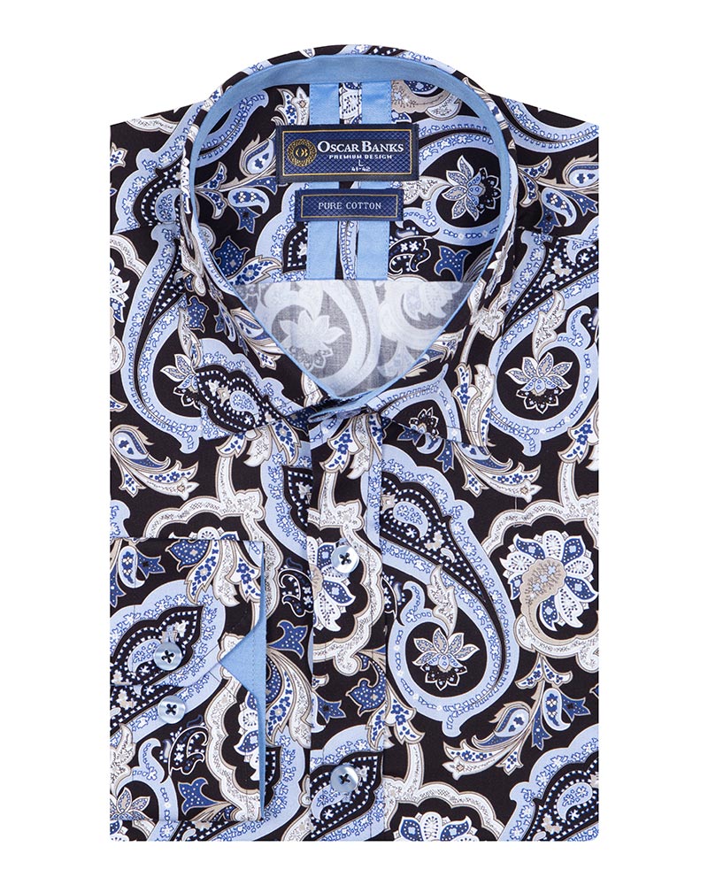 Black & Blue Paisley Print Men's Shirt with Matching Handkerchief