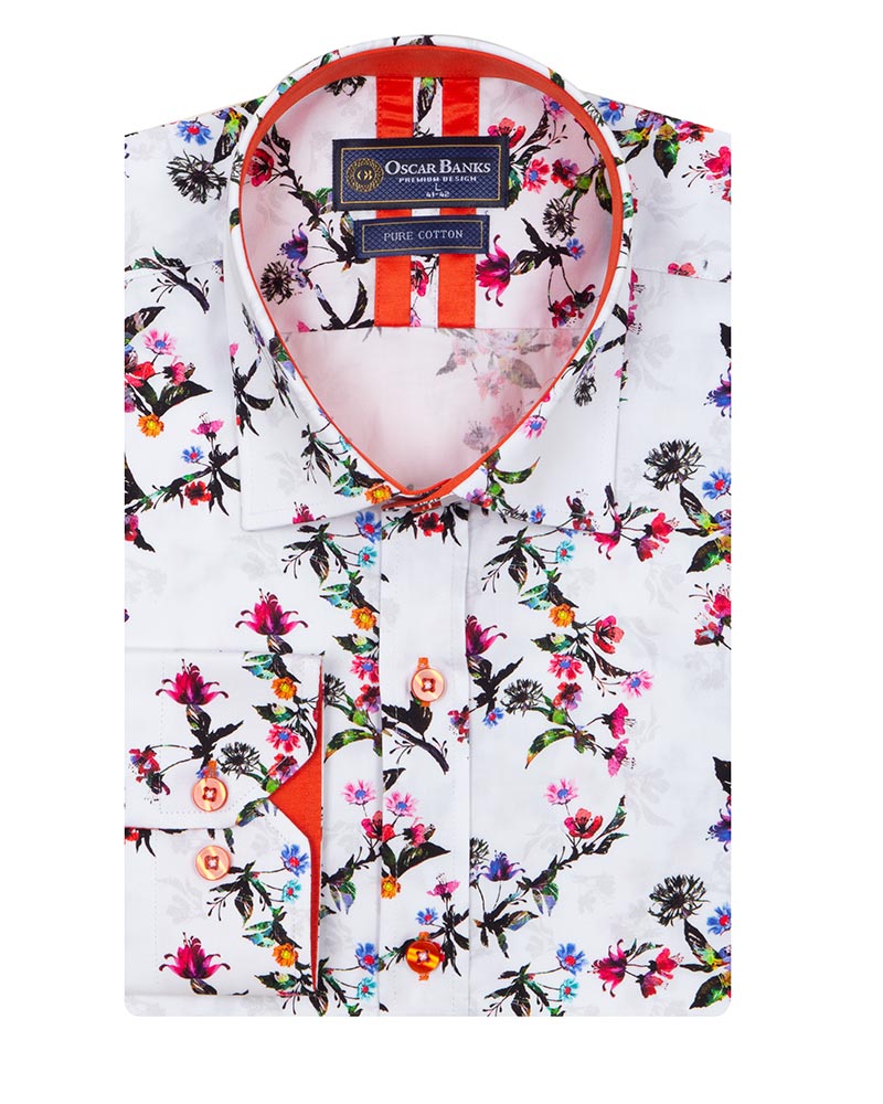 White Flowers Print Shirt with Matching Handkerchief