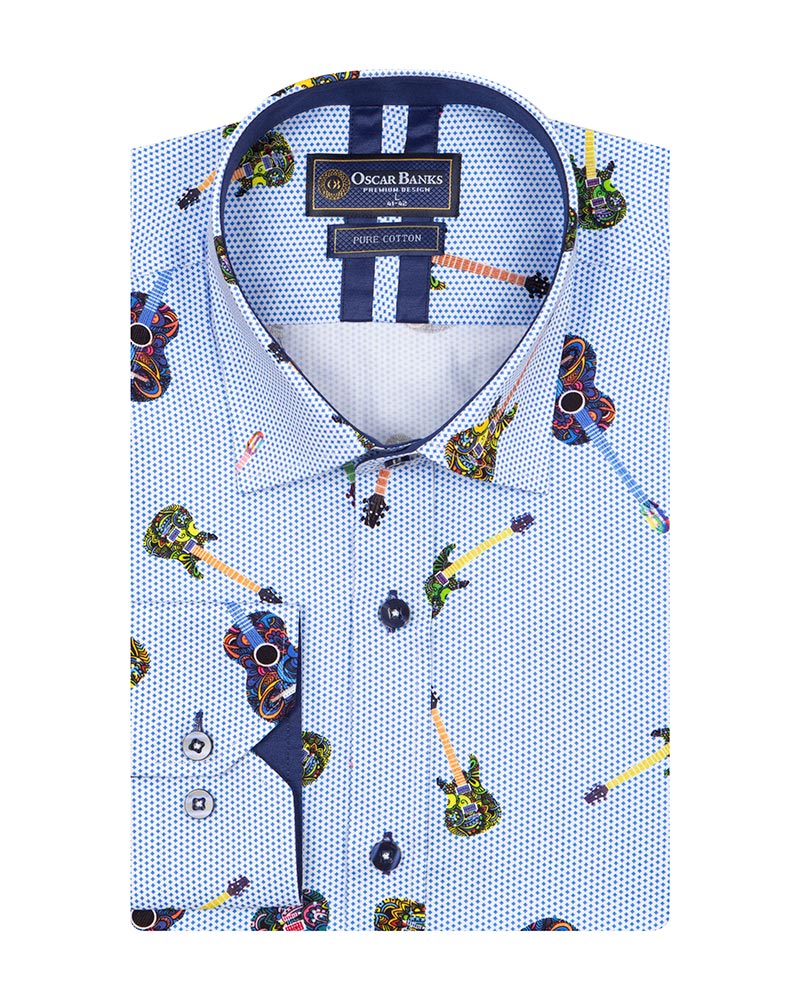 Light Blue Guitar Print Shirt with Matching Handkerchief