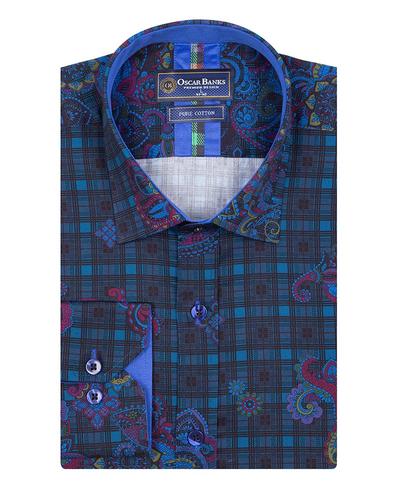 Check Paisley Print Men's Shirt with Matching Handkerchief