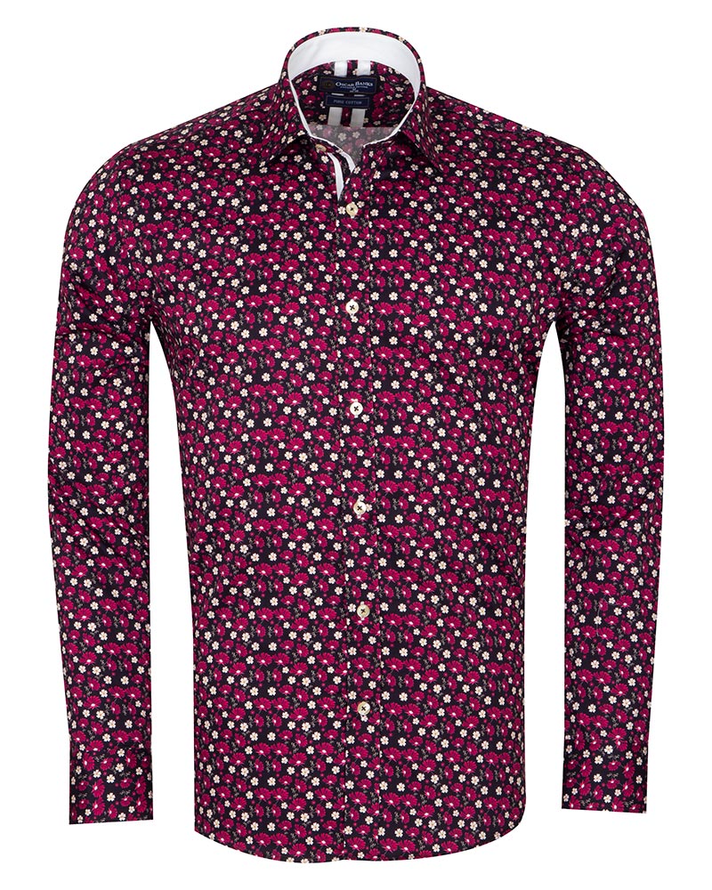 Red Floral Print Men's Shirt with Matching Handkerchief