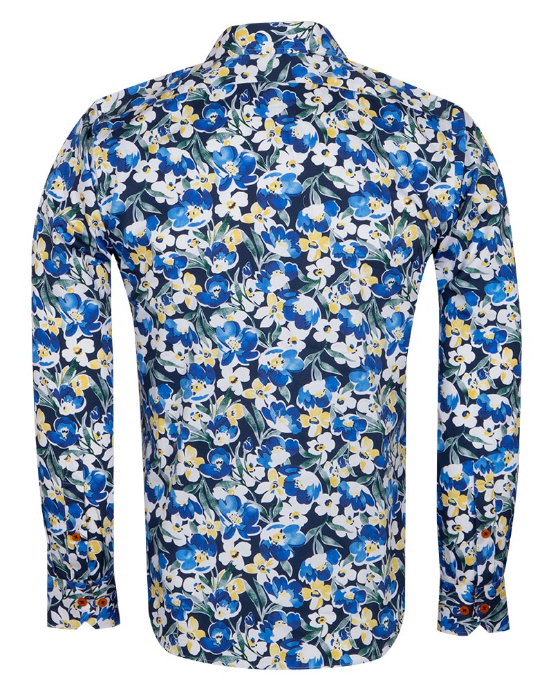 Blue Cosmos Flower Print Shirt with Matching Handkerchief