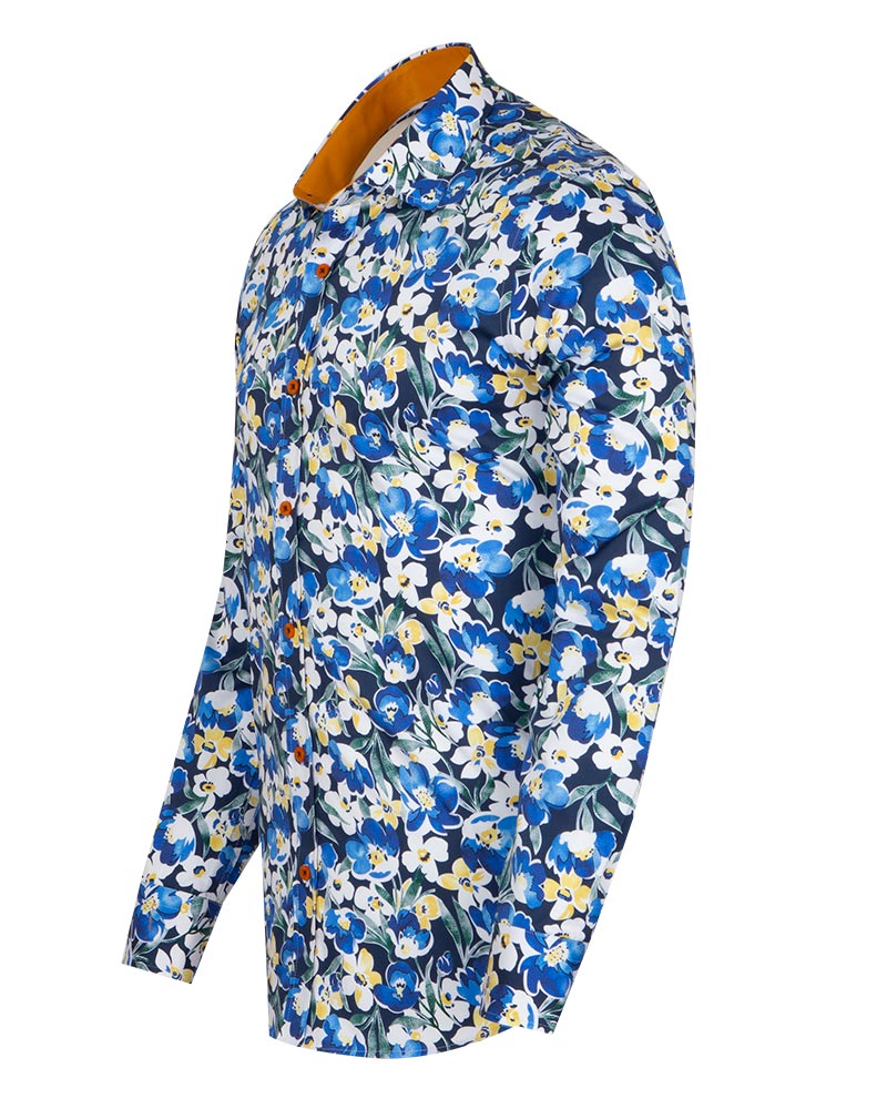 Blue Cosmos Flower Print Shirt with Matching Handkerchief