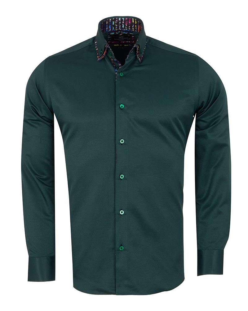 Dark Green Plain Button Down Double Collar Shirt