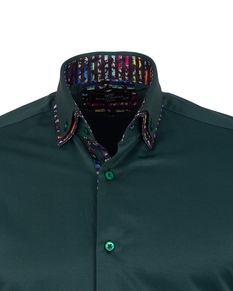 Dark Green Plain Button Down Double Collar Shirt