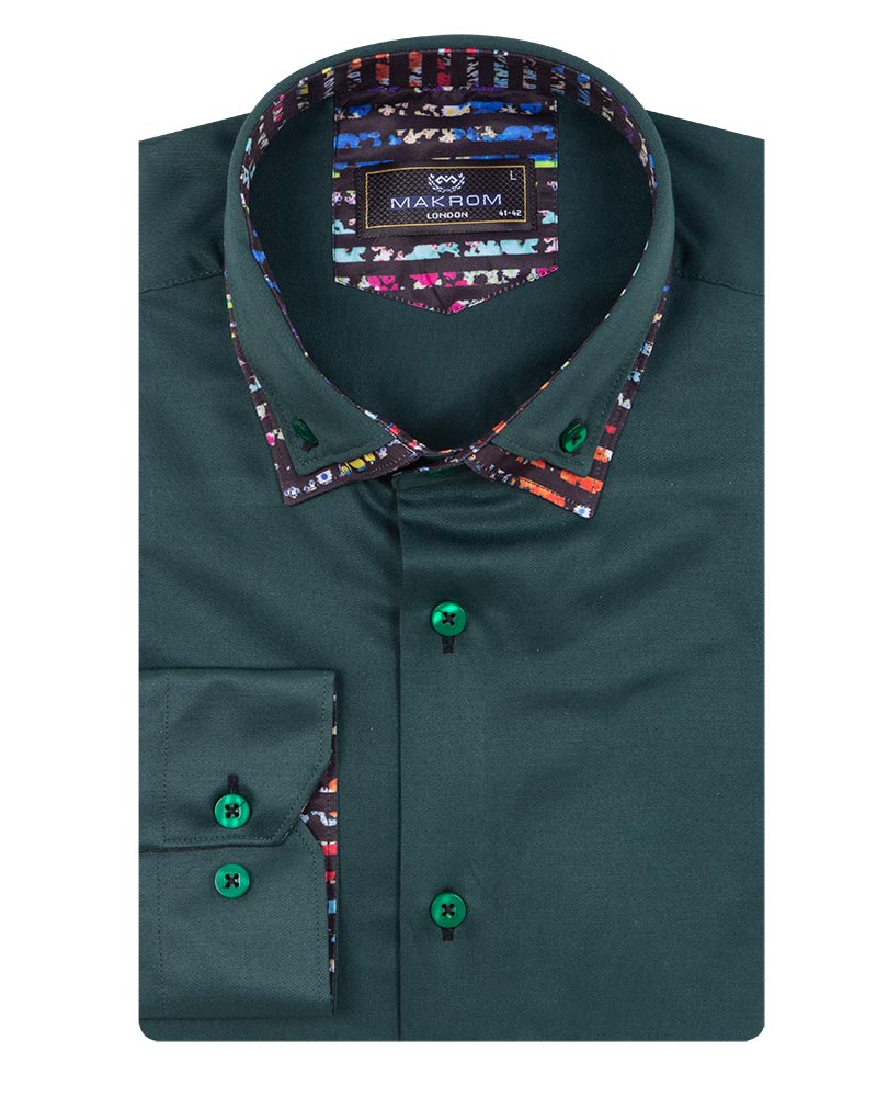 Dark Green Plain Button Down Double Collar Shirt