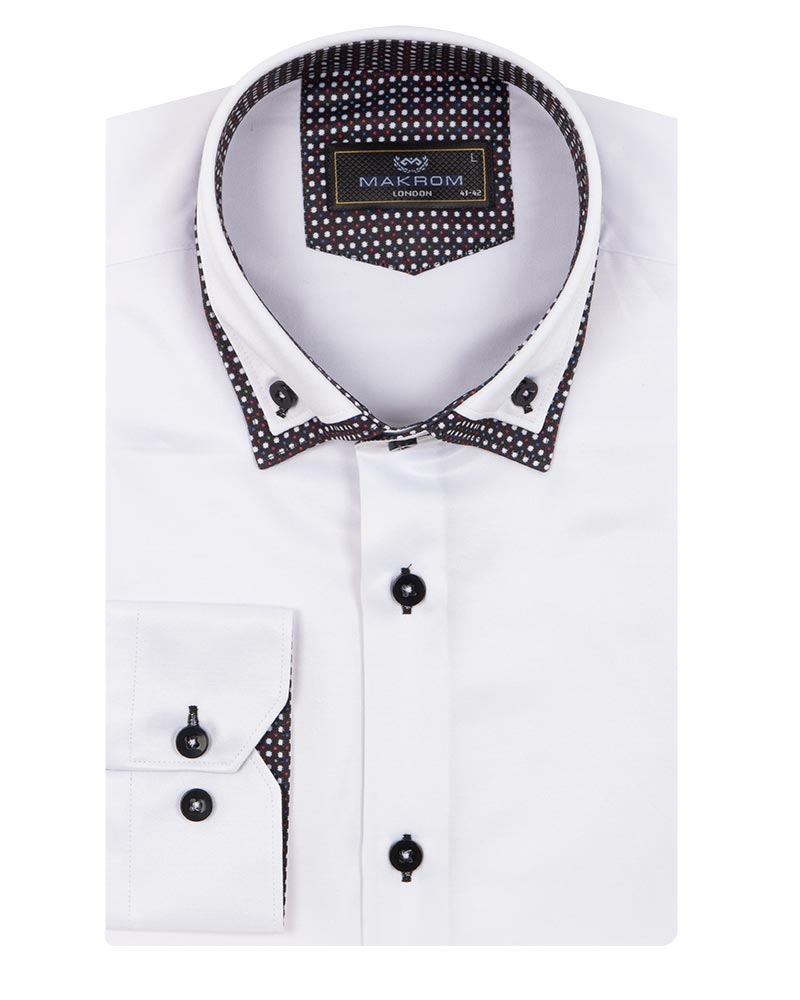 White Double Collar Dotted Print Shirt