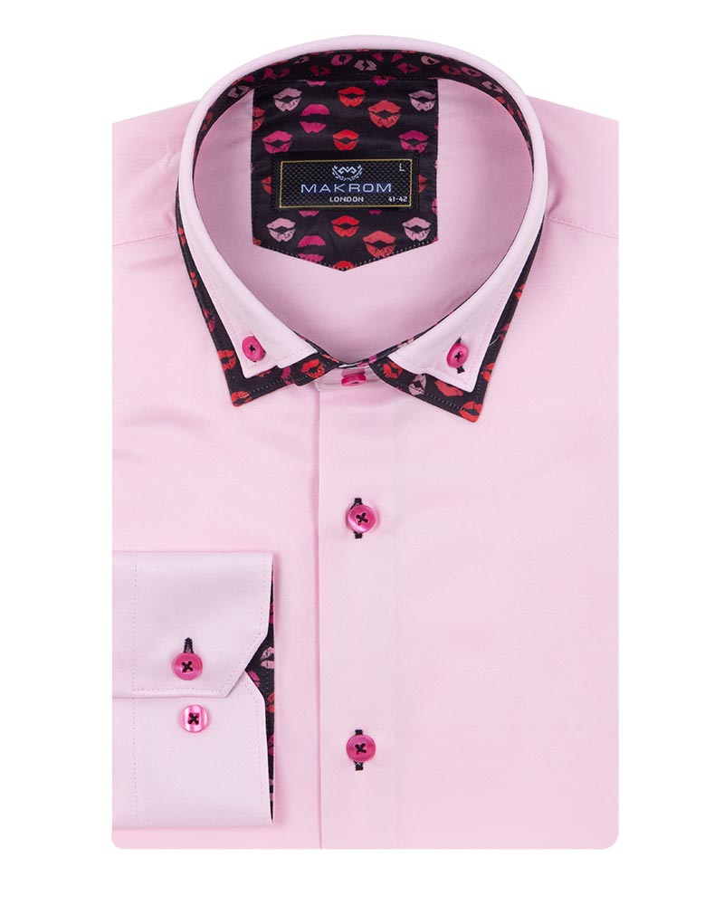 Pink Double Collar Lipstick Print On Collar Shirt