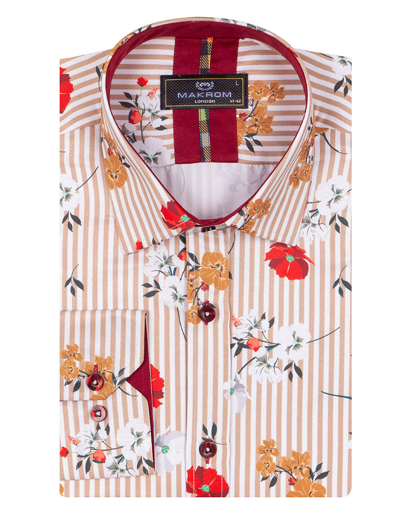 Beige Striped Floral Design Print Shirt