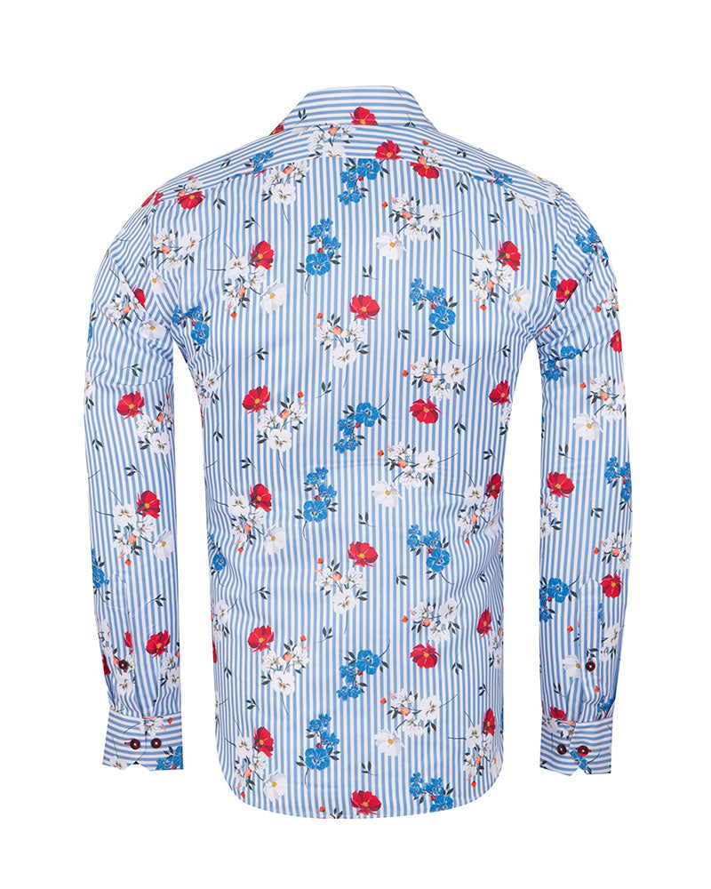 Blue Striped Floral Design Print Shirt