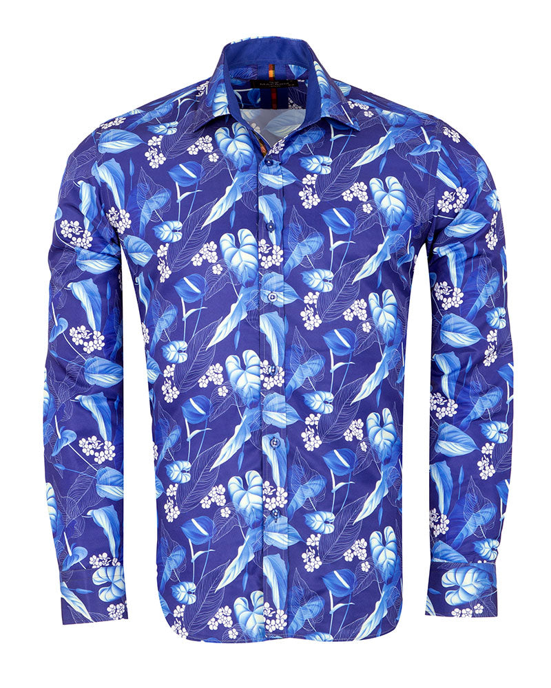 Blue Floral Leaf Print Shirt