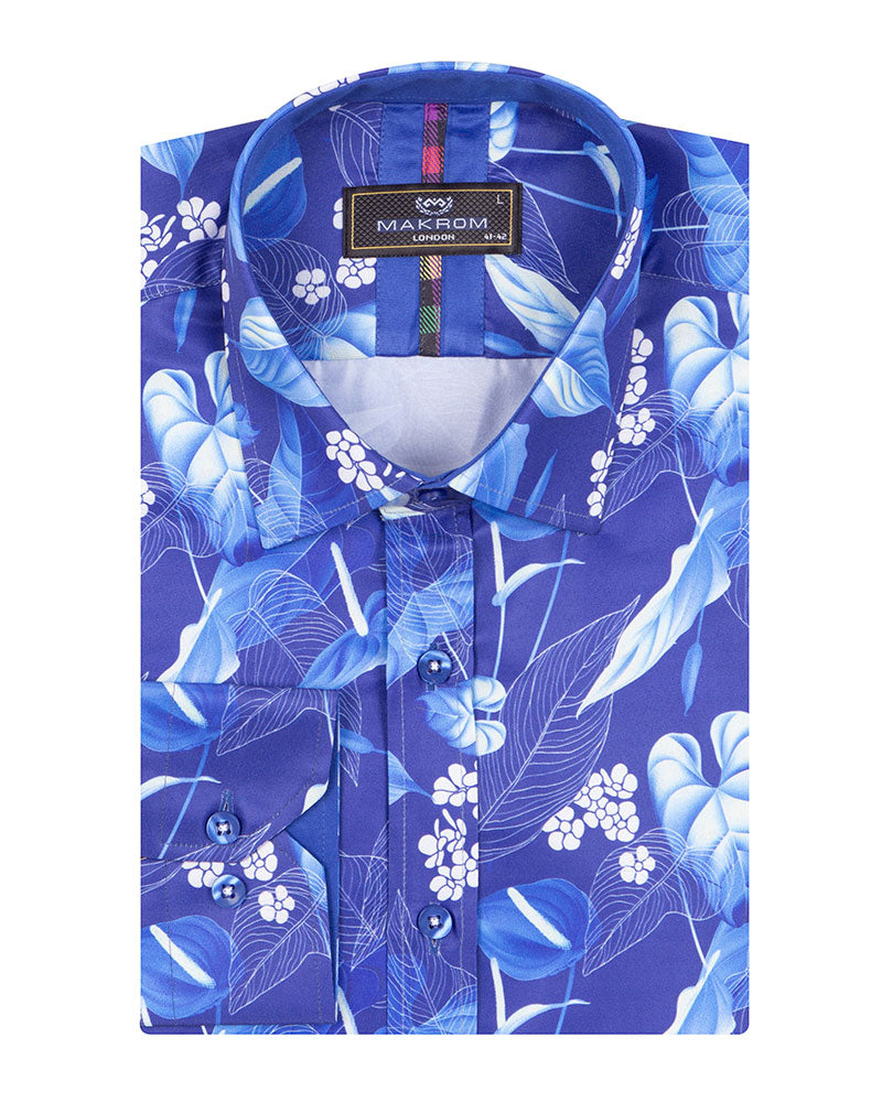 Blue Floral Leaf Print Shirt