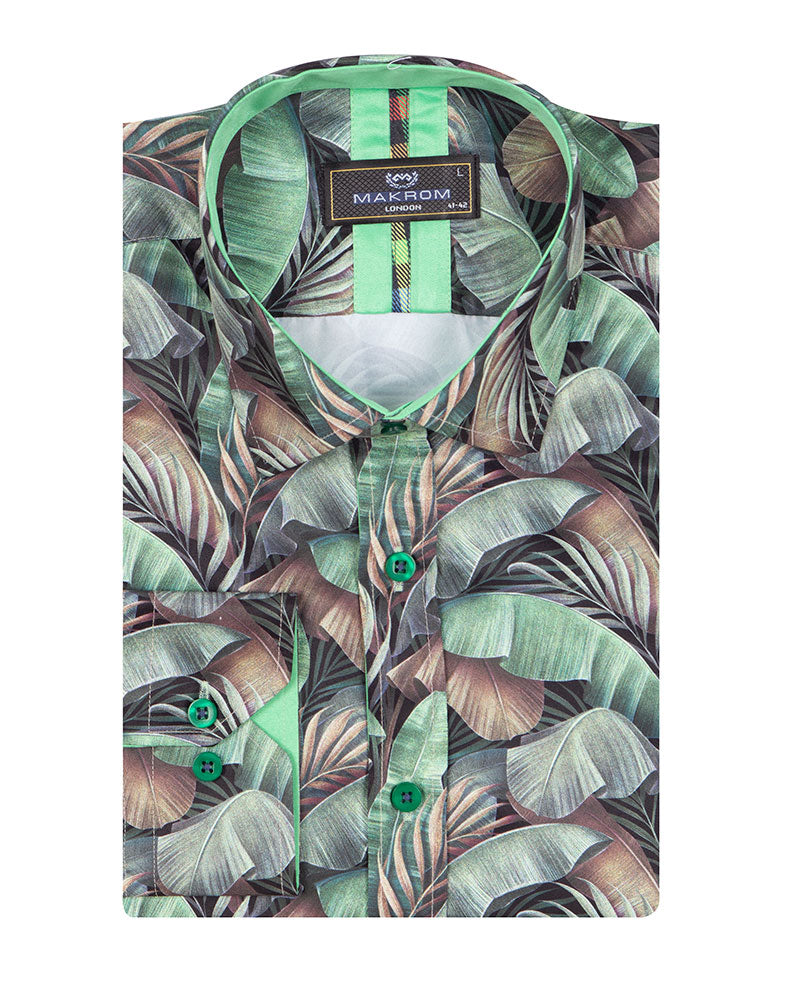 Green Tropical Leaf Print Shirt