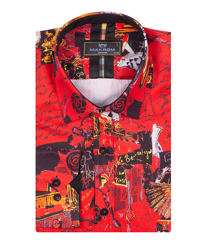 Red Vintage Pictures Print Shirt