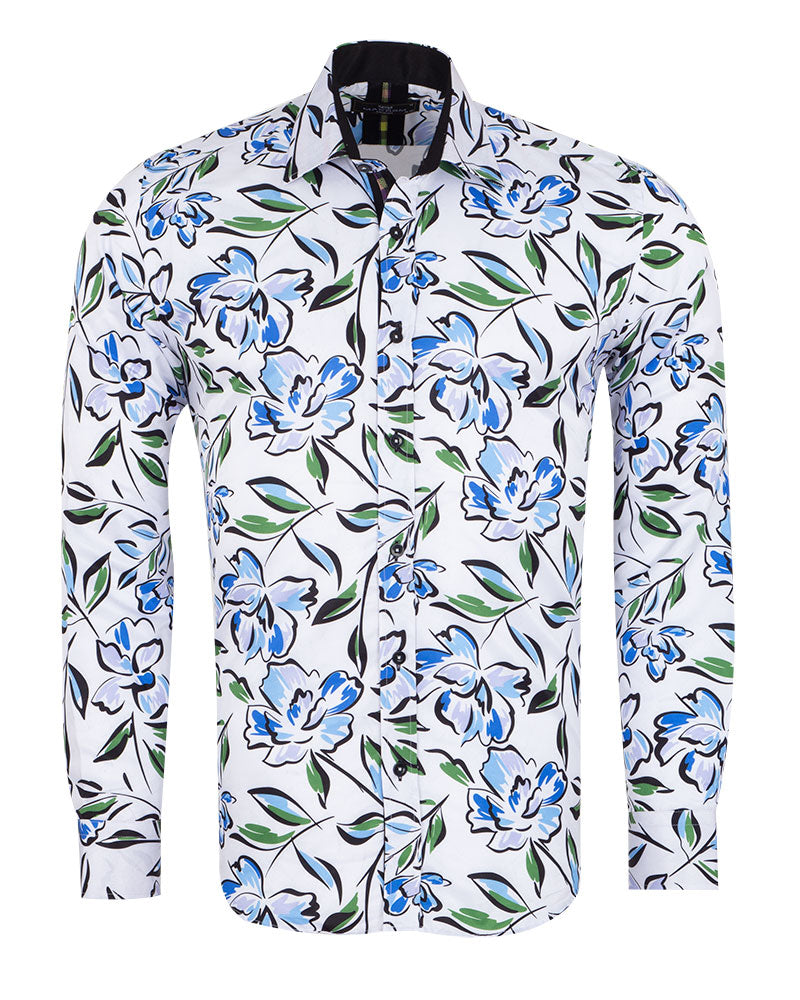 White Flower Sketch Print Shirt