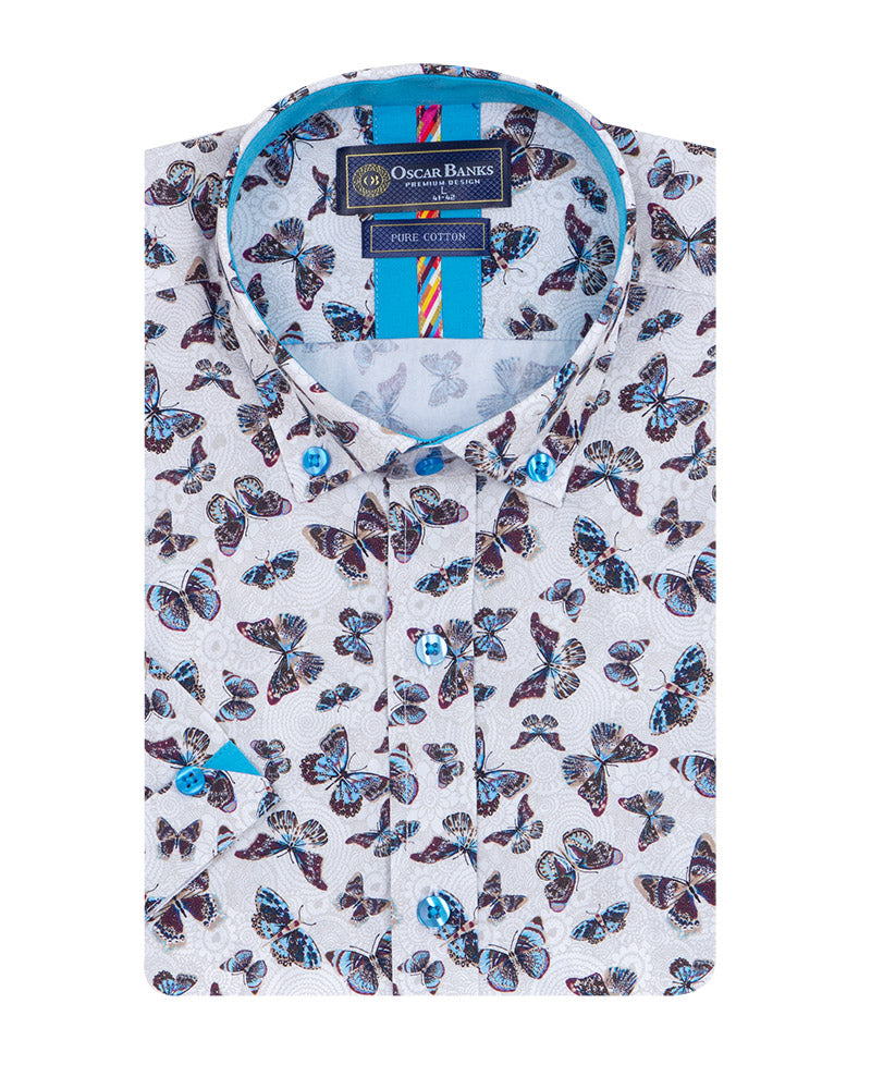Cream Butterfly Print Short Sleeve Shirt