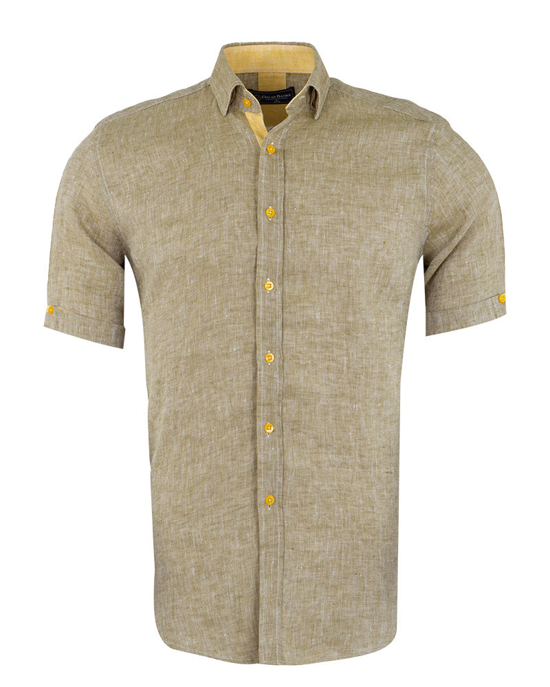 Green Flora Plain Linen Short Sleeve Shirt