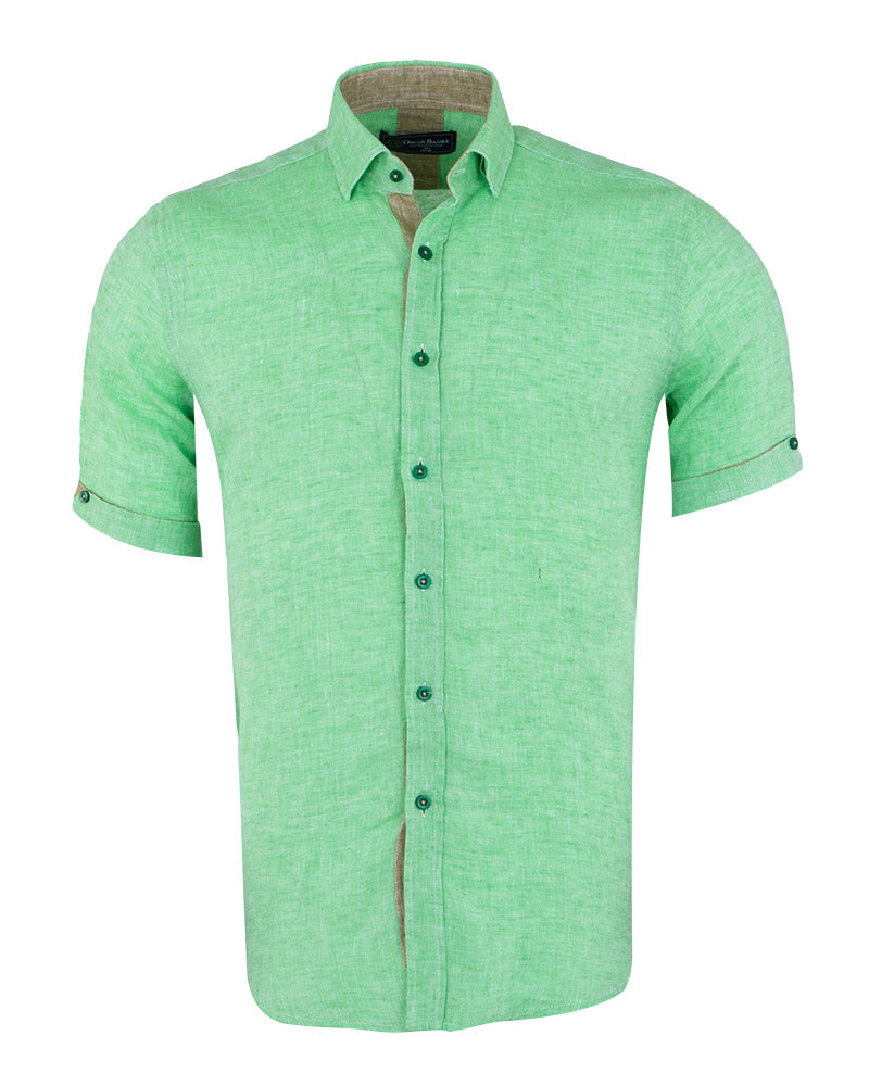 Green Plain Linen Short Sleeve Shirt