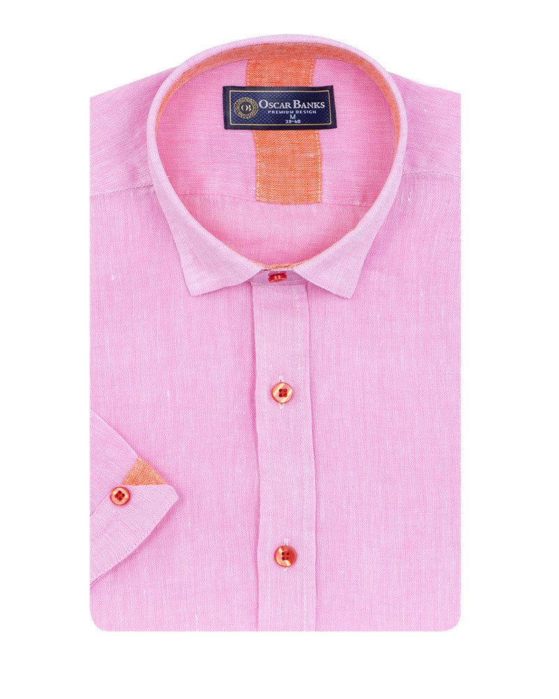 Pink Plain Linen Short Sleeve Shirt