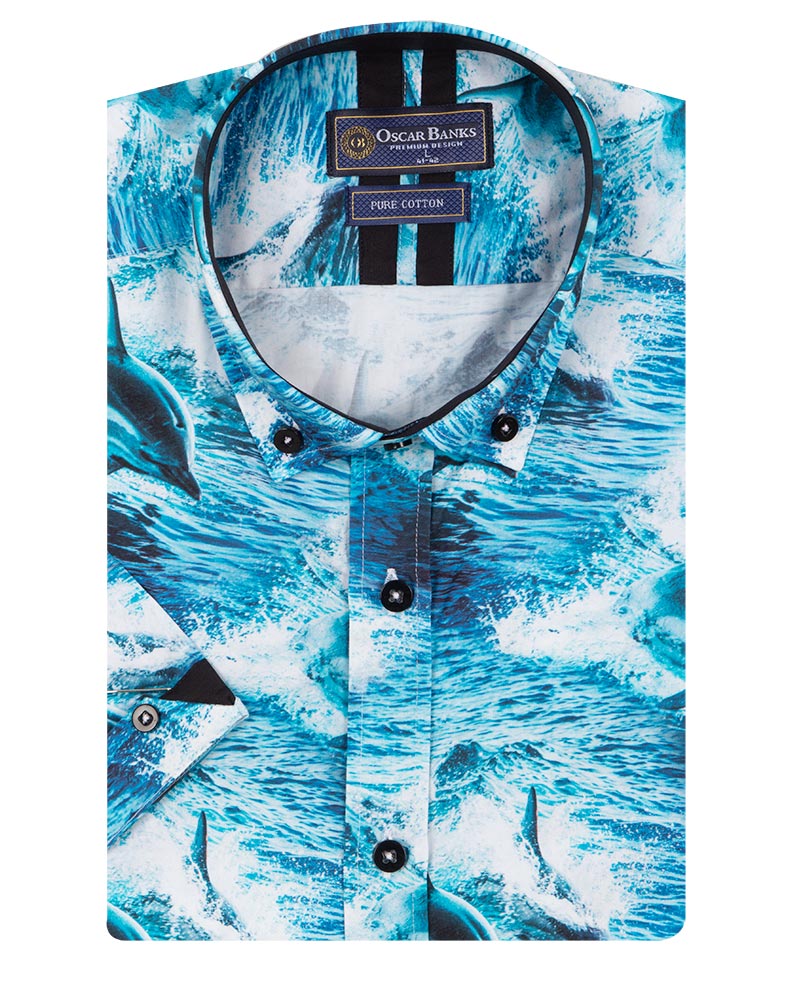 Dolphin Sea Wave Print Short Sleeve Shirt