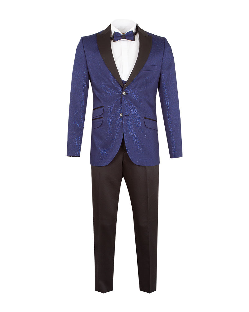 Dark Blue Men's 4 Piece Glitter Suit Contrasting Lapel