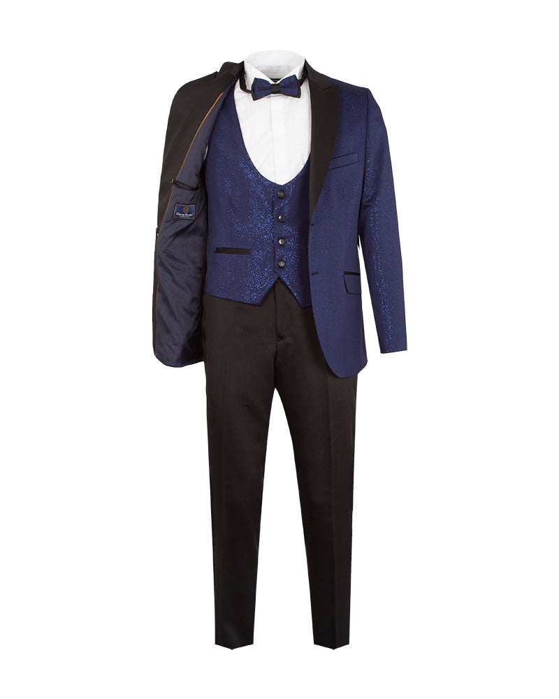 Dark Blue Men's 4 Piece Glitter Suit Contrasting Lapel