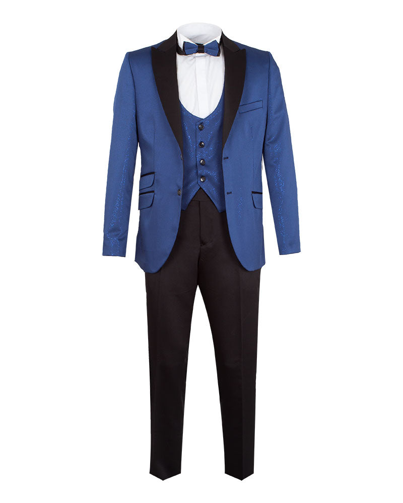 Royal Blue Men's Three Piece Glitter Suit Contrasting Lapel