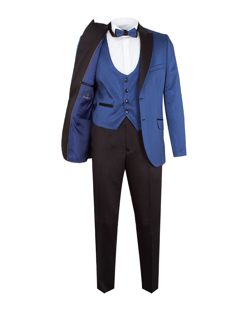 Royal Blue Men's Three Piece Glitter Suit Contrasting Lapel