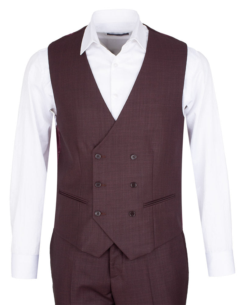 Burgundy Three Piece Men's Suit with Double Breasted Waistcoat