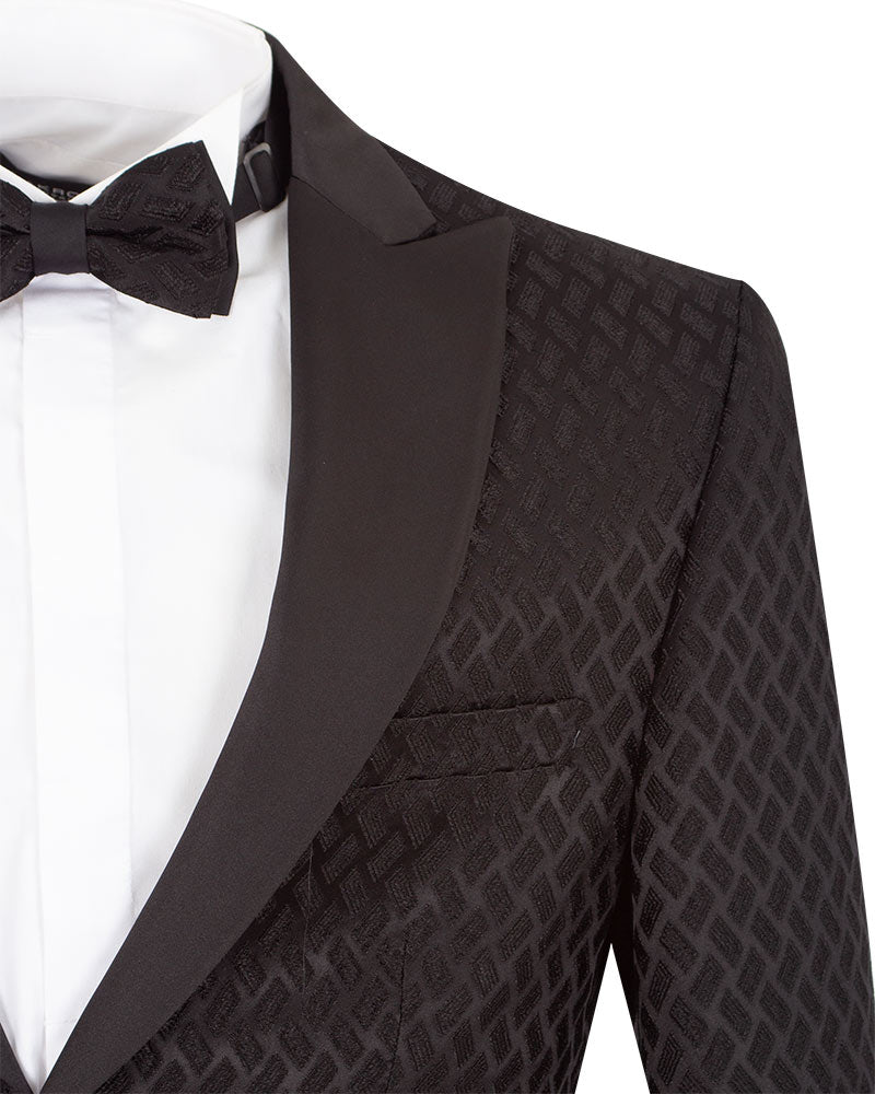 Men's Black Patterned Three Piece Contrasting Lapel Suit