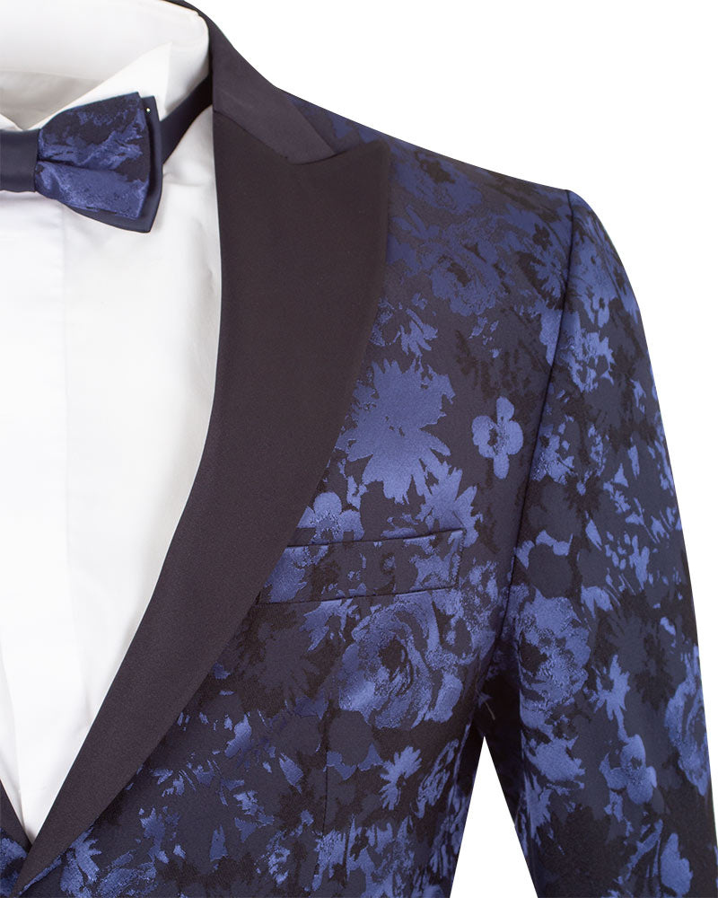 Dark Blue Floral Three Piece Fashion Wedding Suit