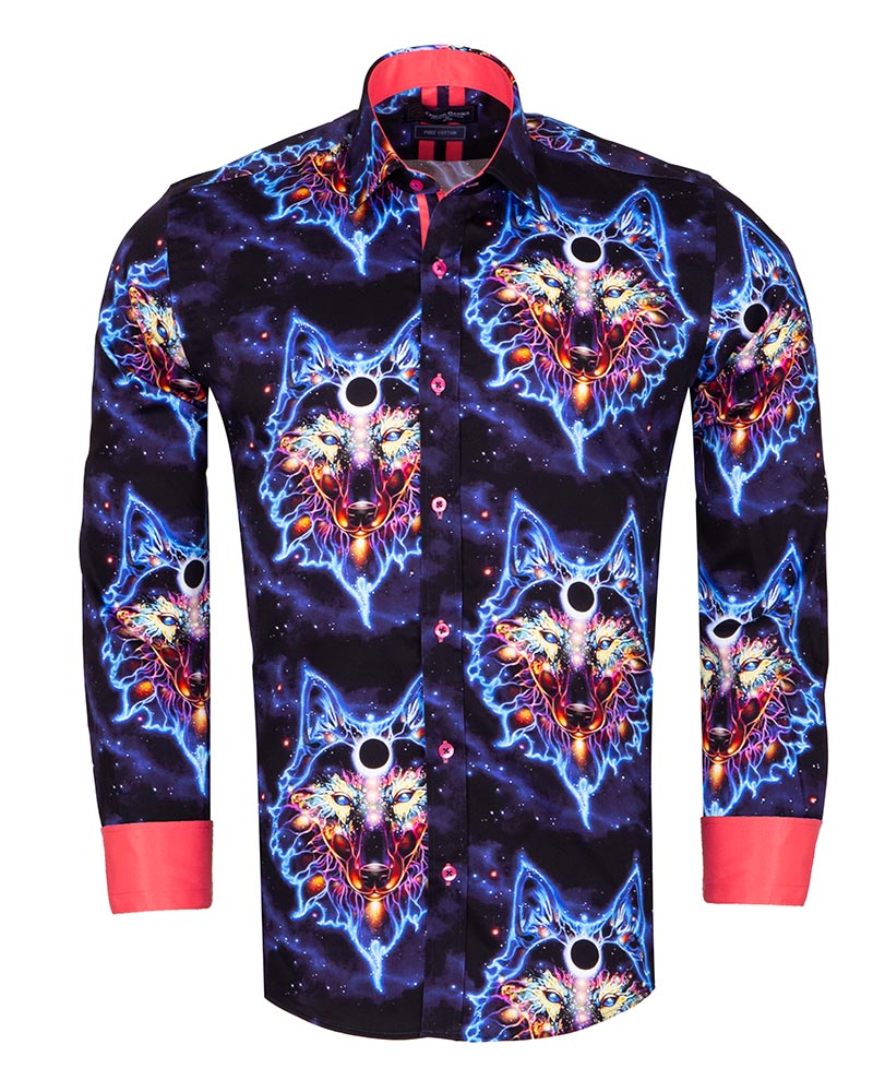 Space Wolf Print Men's Shirt with Matching Handkerchief-Makrom