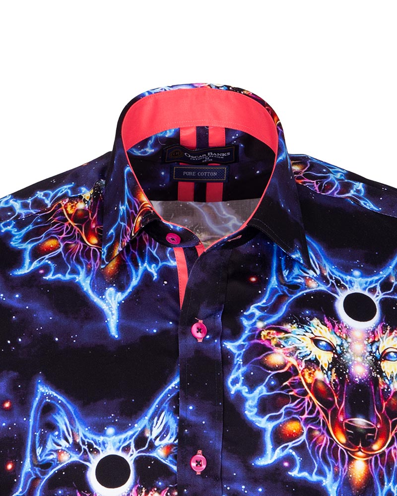Space Wolf Print Men's Shirt with Matching Handkerchief-Makrom