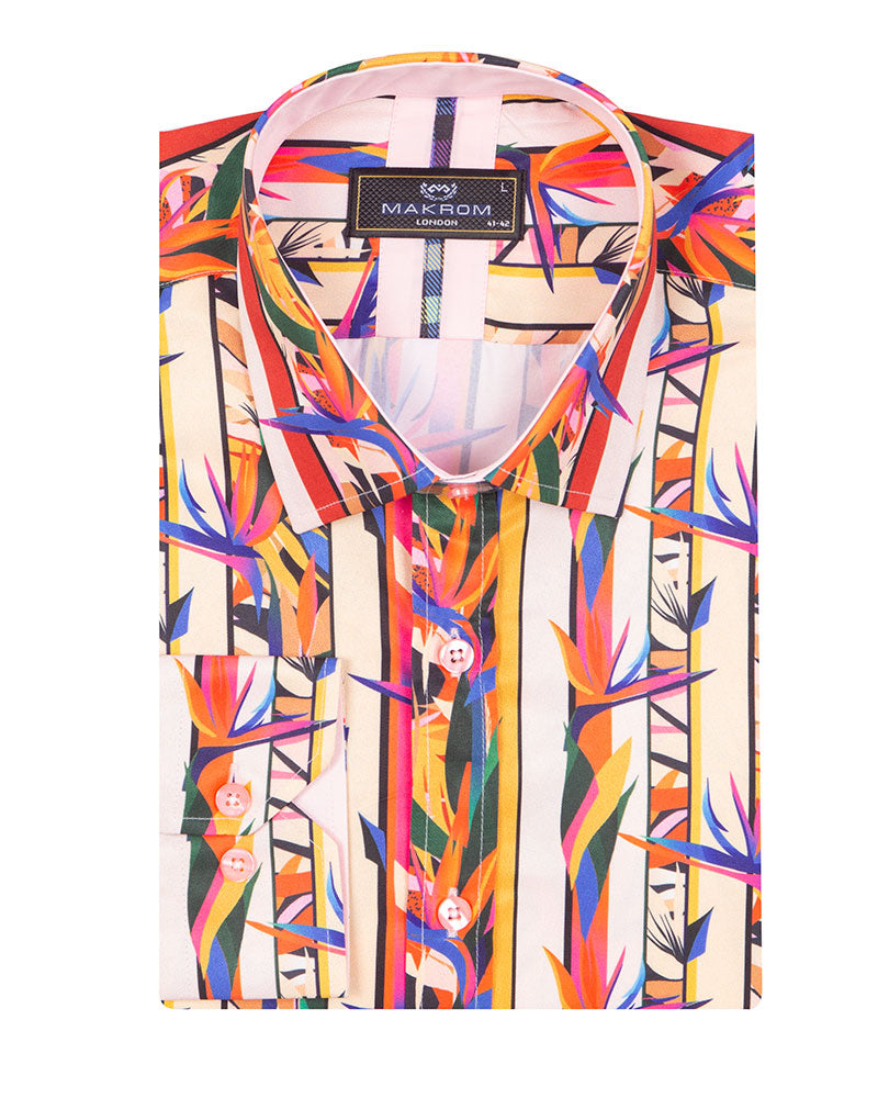 Stripe Tropical Flower Print Shirt-Makrom