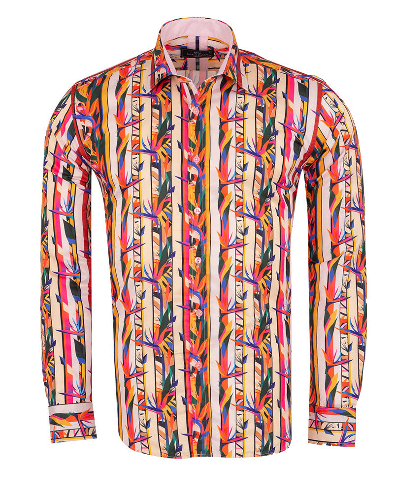 Stripe Tropical Flower Print Shirt-Makrom