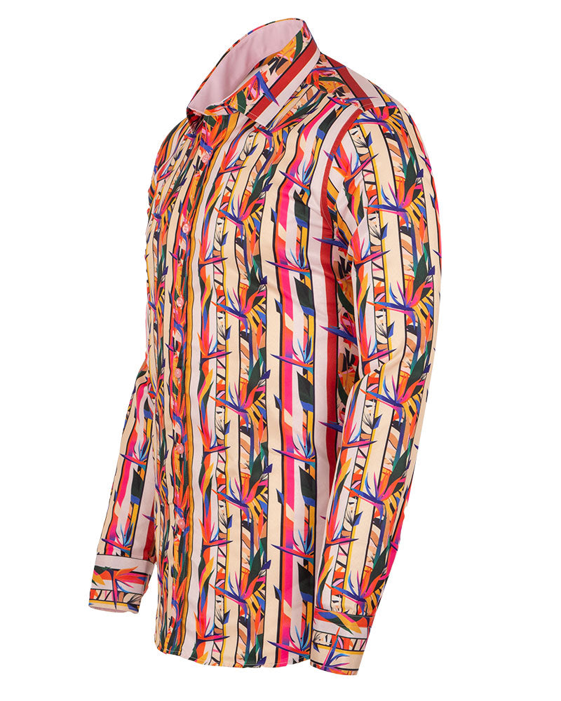 Stripe Tropical Flower Print Shirt-Makrom