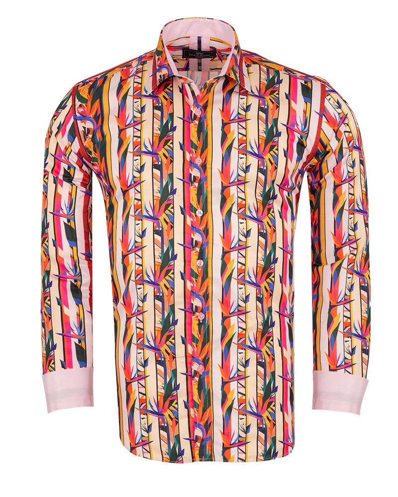 Stripe Tropical Flower Print Shirt-Makrom