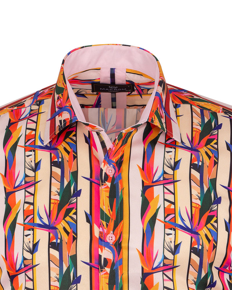 Stripe Tropical Flower Print Shirt-Makrom