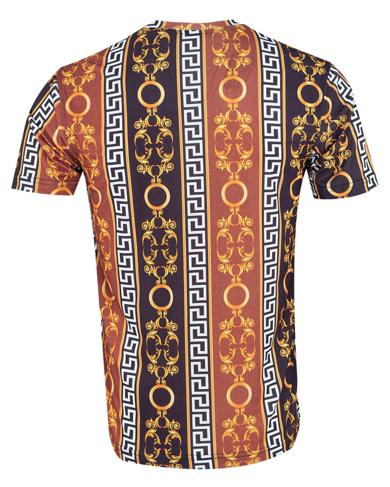 Brown Roman Baroque Design Print T-Shirt